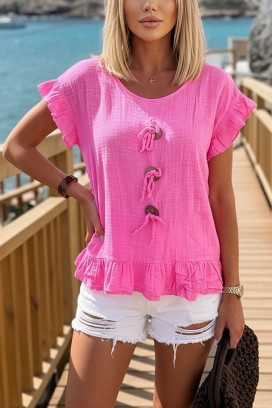 Bluzka z ozdobnymi wiązaniami, falbankami i zwiewnym stylem boho DORINZA PINK