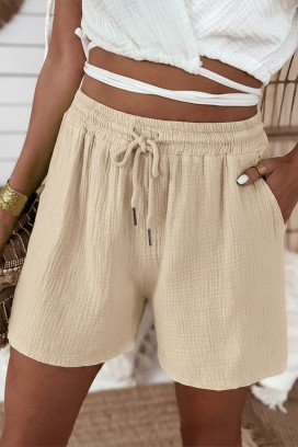 Luźne szorty damskie z gumką w pasie i ściągaczami LUNIETA BEIGE