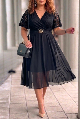 Elegancka sukienka midi z koronką i ozdobnym paskiem ZEZITA BLACK