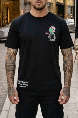 Męski T-shirt z nadrukiem graficznym i designerskimi zdobieniami z tyłu PARIERO BLACK