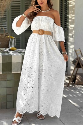 Romantyczna długa suknia z ażurowym haftem i obniżonymi rękawami SHERIDANA WHITE