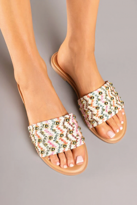 Damskie klapki z dzianiny tekstylnej i ozdobnymi oczkami ZENELA WHITE