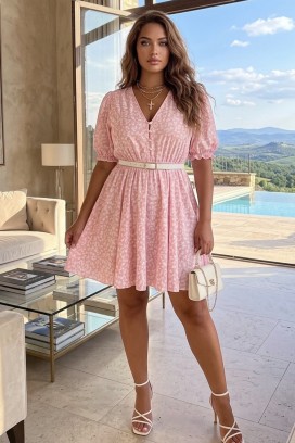 Luźna, kwiecista sukienka mini z krótkim rękawem DERENSA PINK