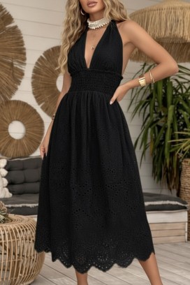 Sukienka midi z odkrytymi plecami i ażurowym haftem w stylu boho MELEKA BLACK