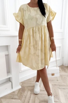Luźna krótka sukienka w kwiatowy print z kieszeniami i rękawami z falbaną MAJESTICA YELLOW