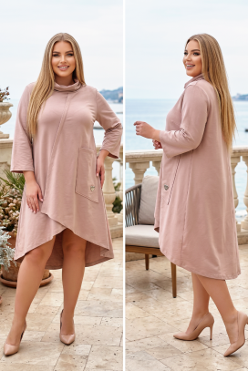 Asymetryczna sukienka typu tunika z wysoką stójką i rękawem 3/4 DEBRINA BEIGE