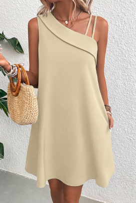 Elegancka krótka sukienka z asymetrycznym dekoltem i luźnym fasonem IVRINIA BEIGE