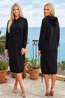 Sportowo-elegancka midi sukienka z kapturem, kieszenią i ściągaczem LIVARINA BLACK