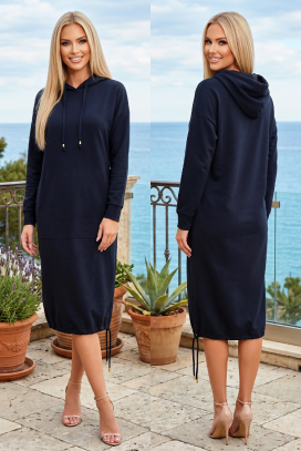 Sportowo-elegancka midi sukienka z kapturem, kieszenią i ściągaczem LIVARINA NAVY