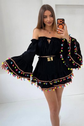 Damski boho komplet z krótkim topem z efektownymi rękawami i mini spódnicą z frędzlami FIESTIA BLACK