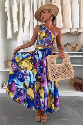 Damski kwiecisty komplet na jedno ramię z elegancką spódnicą LENORE BLUE