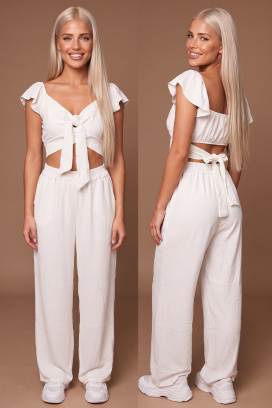letni damski zestaw dwuczęściowy szerokie spodnie i crop top z wiązaniami SVENSELA WHITE