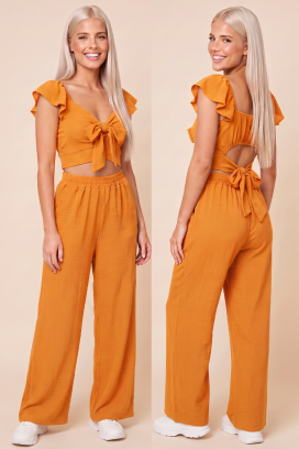 letni damski zestaw dwuczęściowy szerokie spodnie i crop top z wiązaniami SVENSELA ORANGE