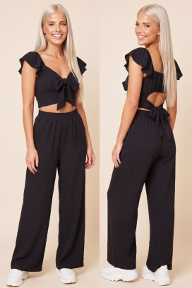 letni damski zestaw dwuczęściowy szerokie spodnie i crop top z wiązaniami SVENSELA BLACK
