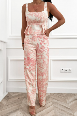 damski komplet z peplum topem i szerokimi spodniami w kwiatowy wzór ELOSIANA PINK