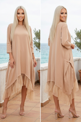 luźna asymetryczna sukienka z tiulową falbaną i kieszeniami VELARIZA BEIGE