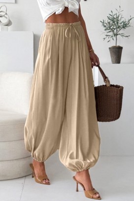 Damskie letnie spodnie balonowe z wysokim stanem DALYNA BEIGE
