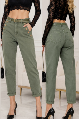 stylowe damskie jeansy z wysokim stanem i dekoracyjnymi metalowymi guzikami RAVENZIA KHAKI