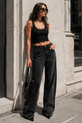 Szerokie damskie jeansy z dekoracyjnymi bocznymi lampasami CARINIRA BLACK