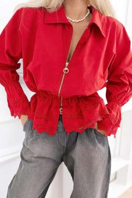elegancka damska kurtka bawełniana z koronką i elastyczną talią LORETINA RED