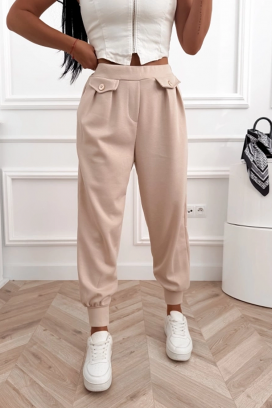 sportowo-eleganckie spodnie z wysokim stanem i elastycznymi mankietami AMARIATA BEIGE