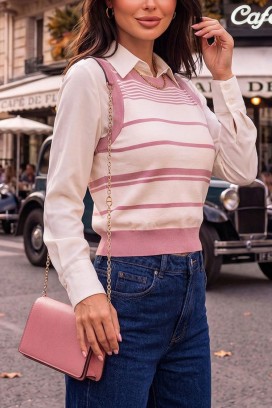 Damski dzianinowy top w paski z szeroką lamówką PANESIA PINK