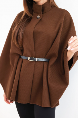 eleganckie damskie ponczo z wysokim kołnierzem i paskiem AVESINA BROWN