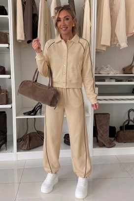 Damski sportowo-elegancki komplet z krótką kurtką i spodniami jogger LAMONIA BEIGE